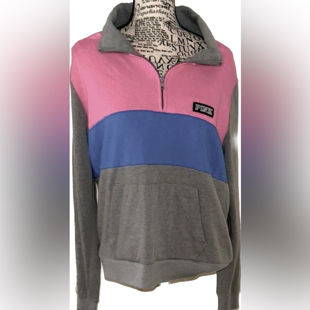 Victoria's Secret Pink Fleece Sweater Size Large Color Block 1/4 Zip Pullover